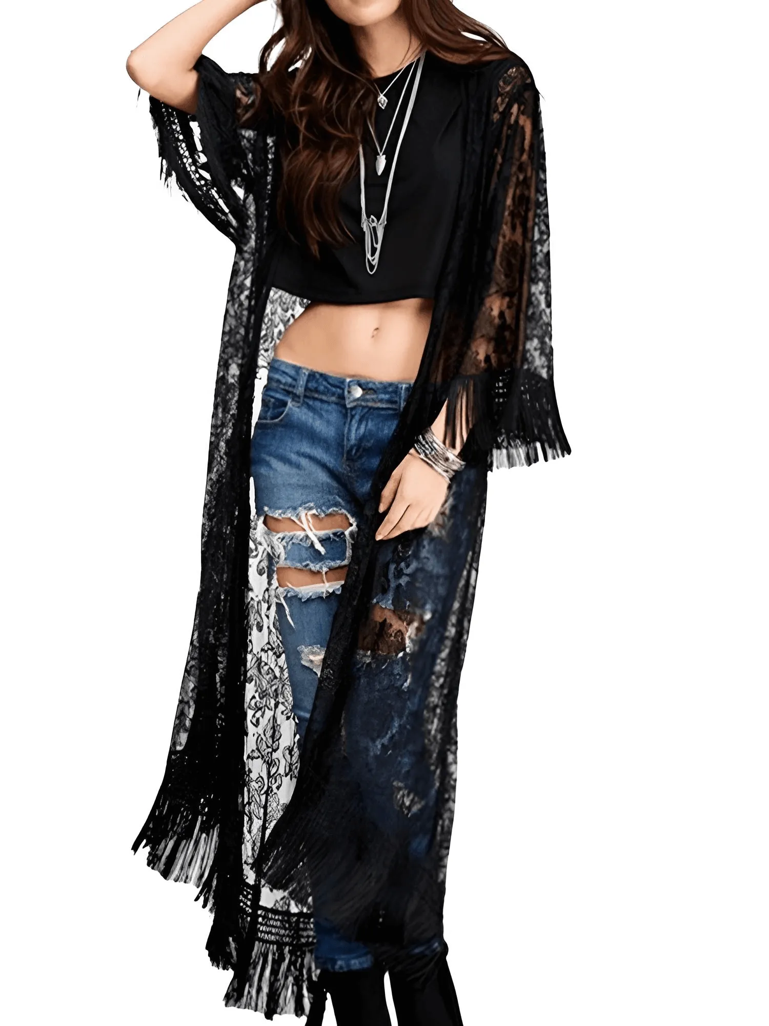 Long Black Lace Tassel Kimono For Women