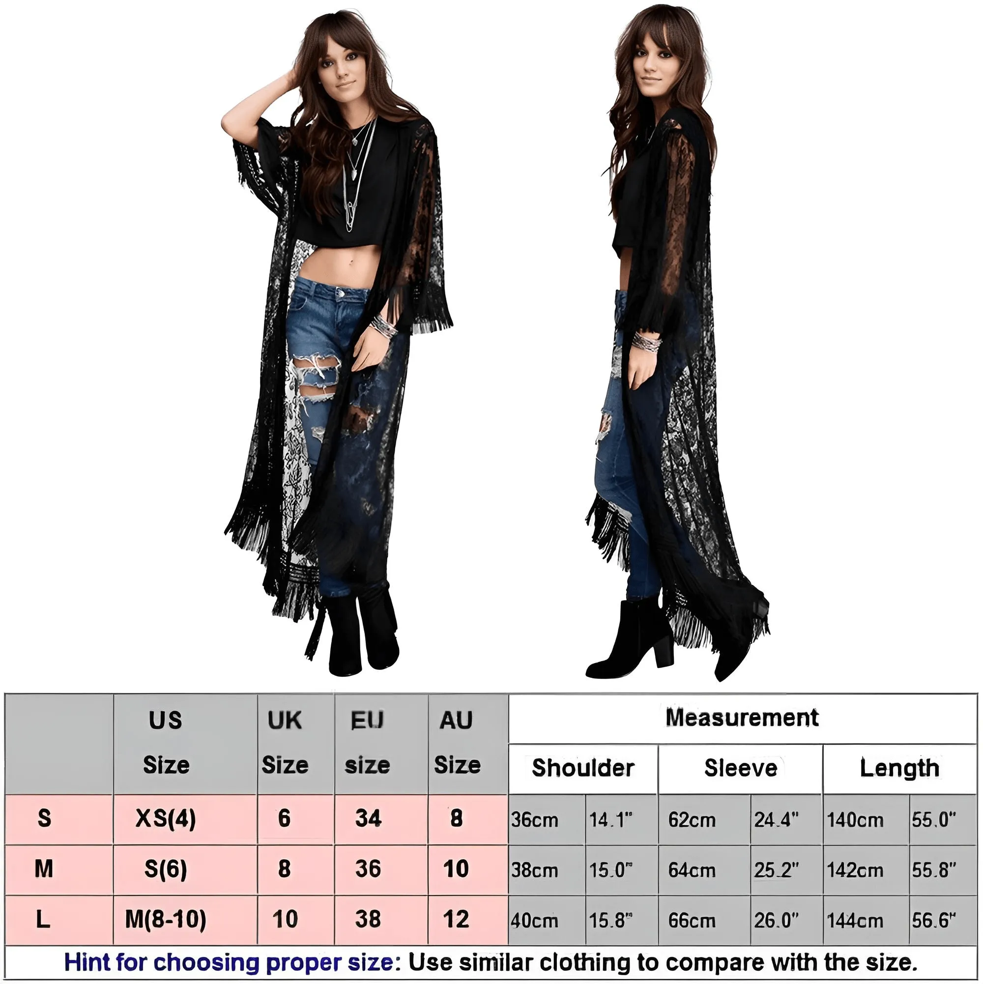 Long Black Lace Tassel Kimono For Women