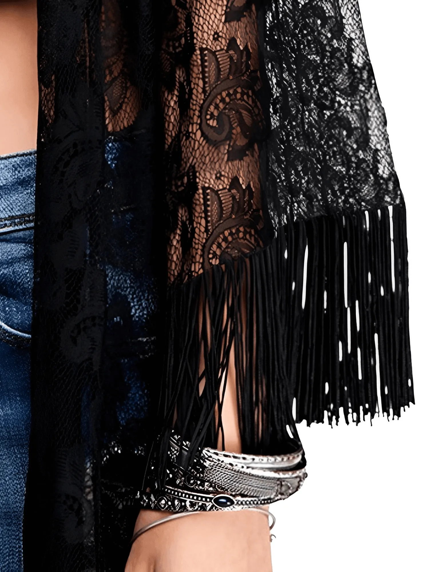 Long Black Lace Tassel Kimono For Women