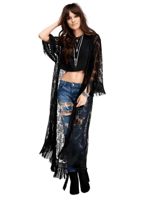 Long Black Lace Tassel Kimono For Women