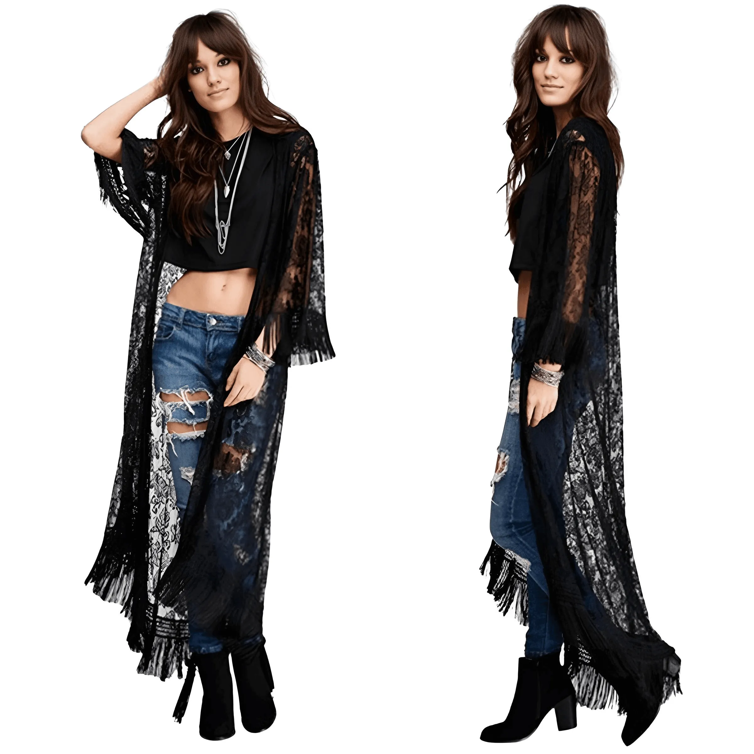 Long Black Lace Tassel Kimono For Women