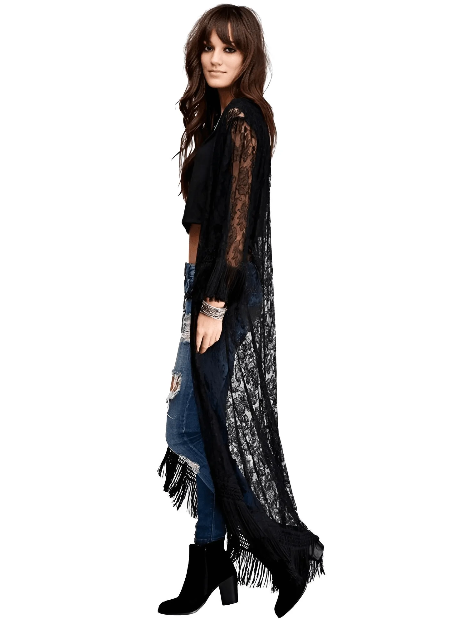 Long Black Lace Tassel Kimono For Women