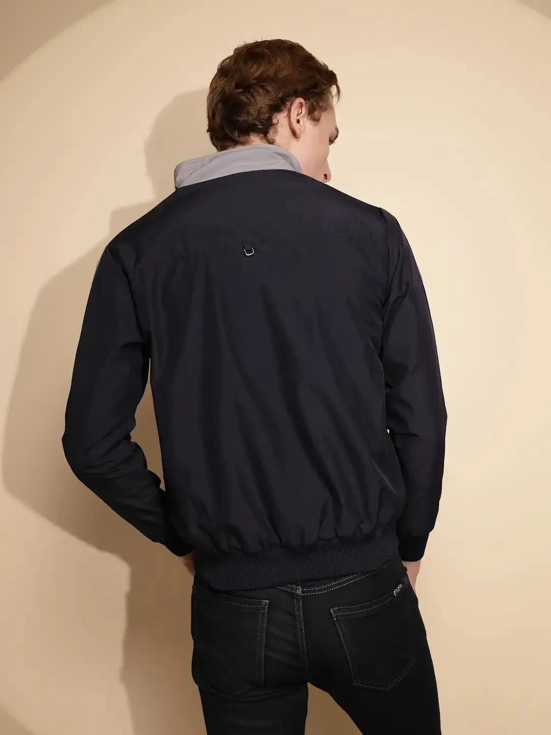 Men Navy Grey Solid Full Sleeve Turtle Neck Polycotton Jacket