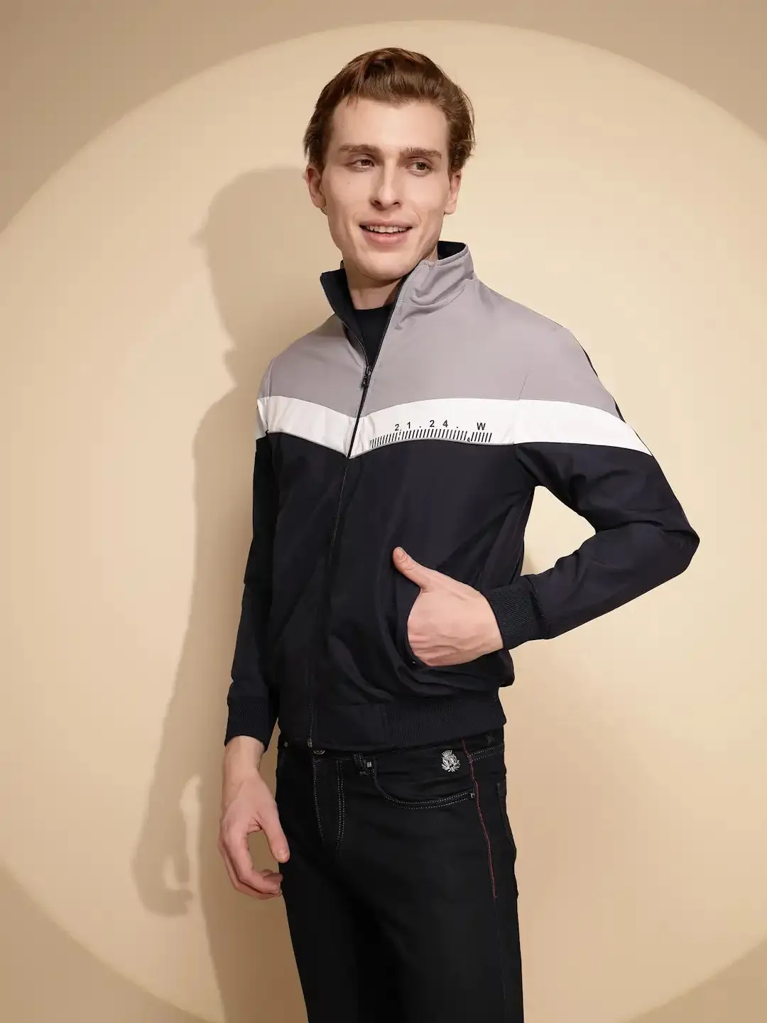 Men Navy Grey Solid Full Sleeve Turtle Neck Polycotton Jacket