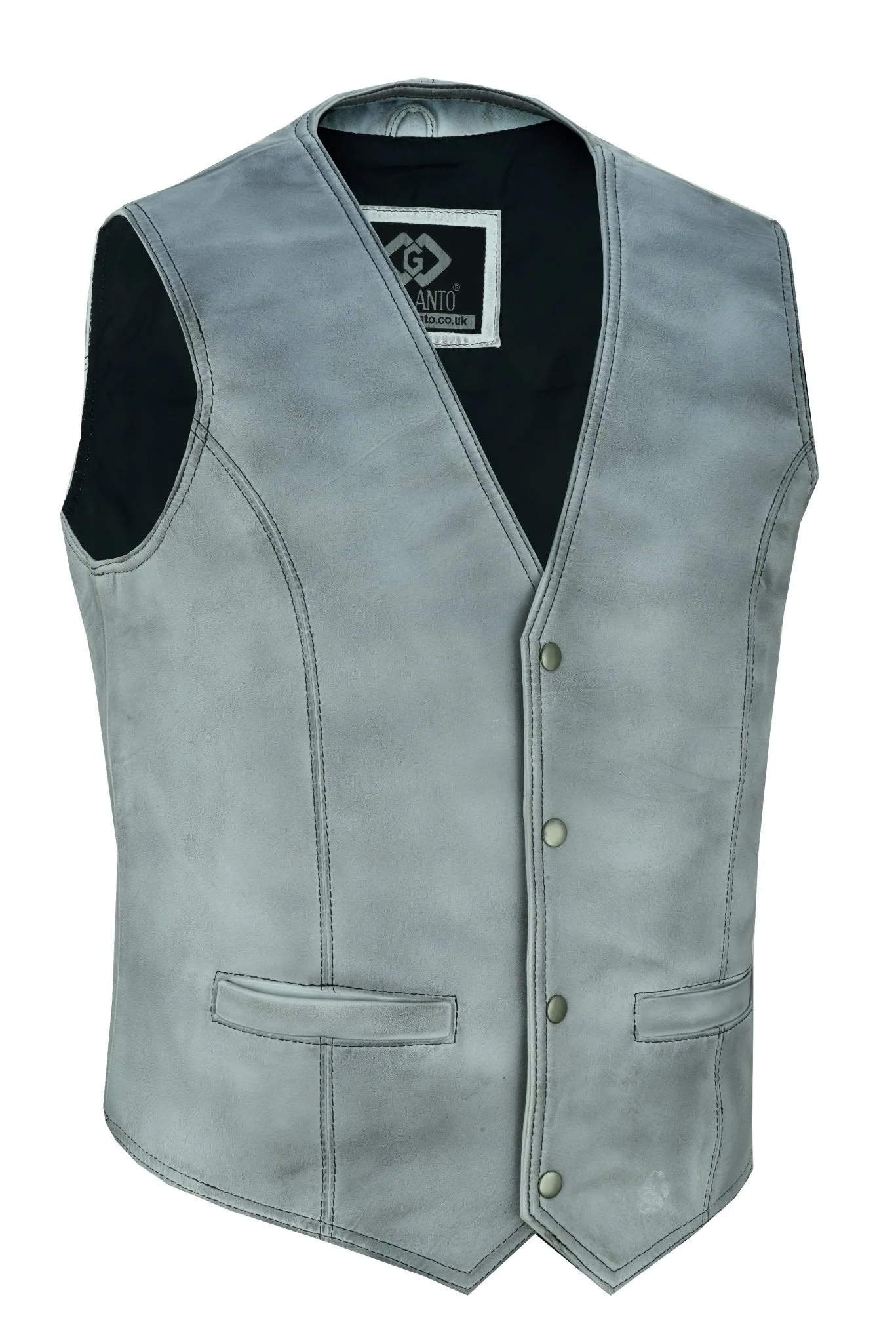 Mens Dirty Grey Leather Waistcoat Vest with Snap Button