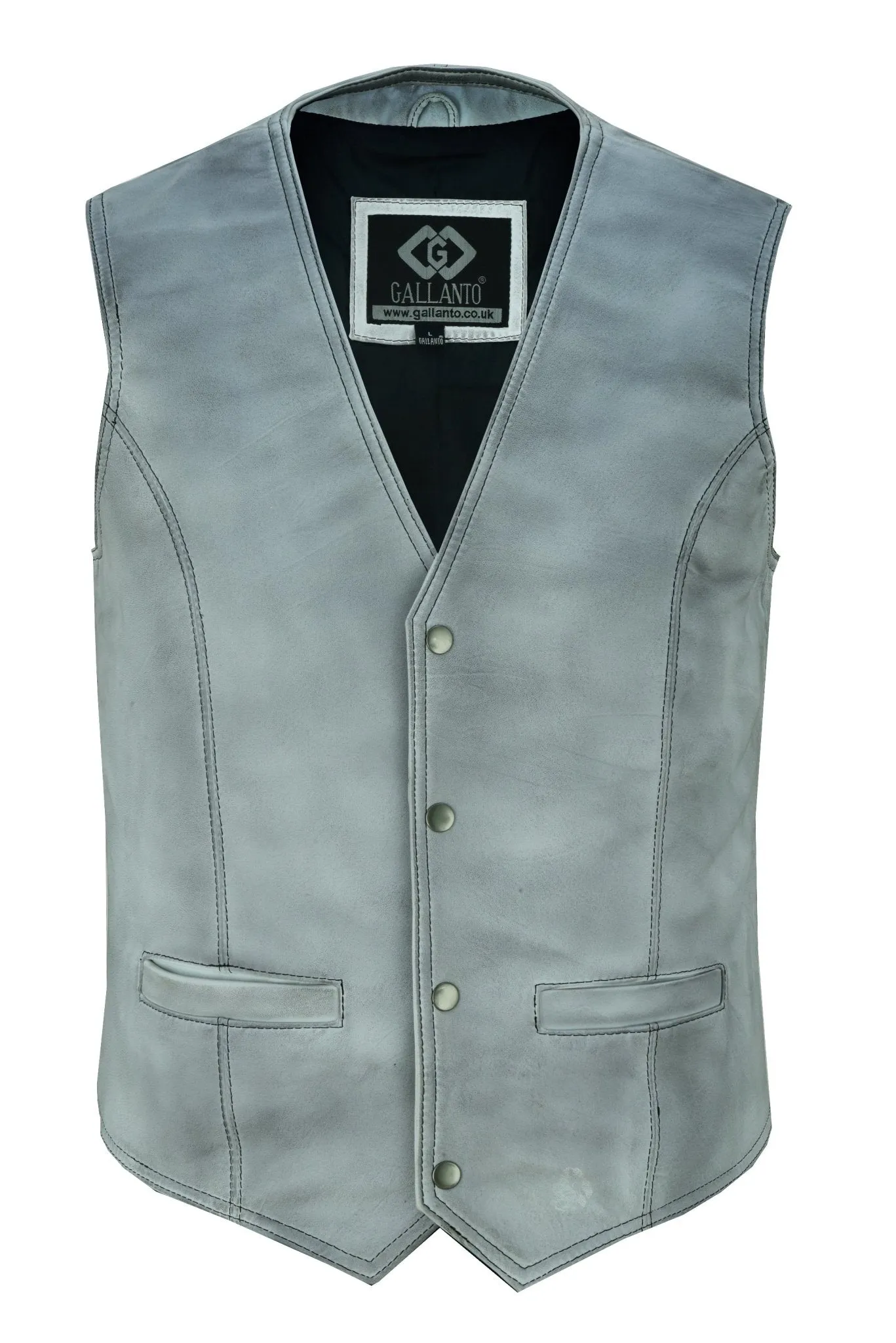 Mens Dirty Grey Leather Waistcoat Vest with Snap Button