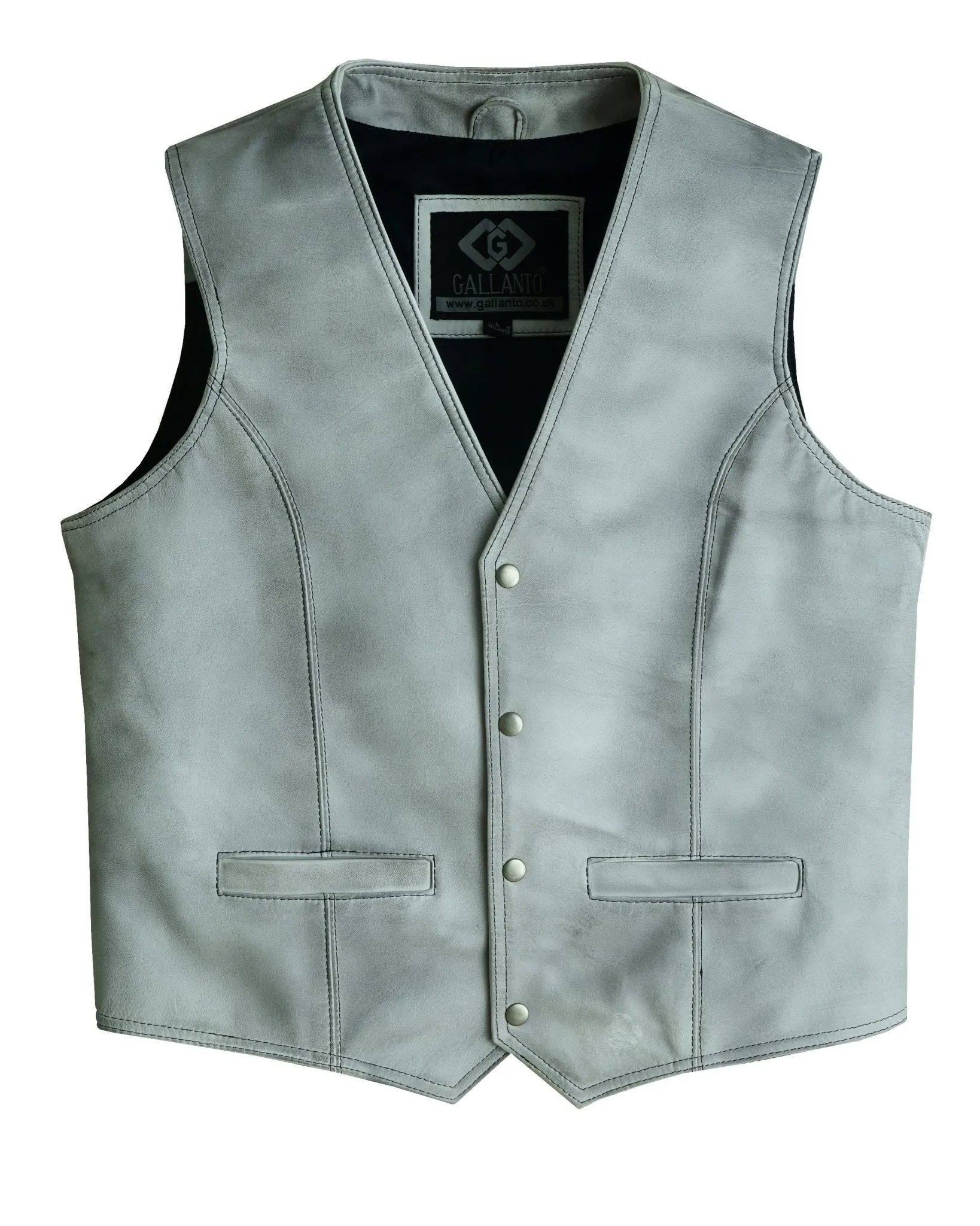 Mens Dirty Grey Leather Waistcoat Vest with Snap Button