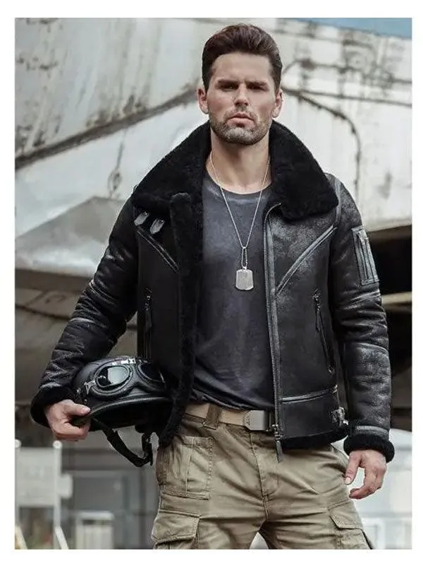 Men's Premium Fur-Lined Sheepskin Leather Bomber Jacket for Winter