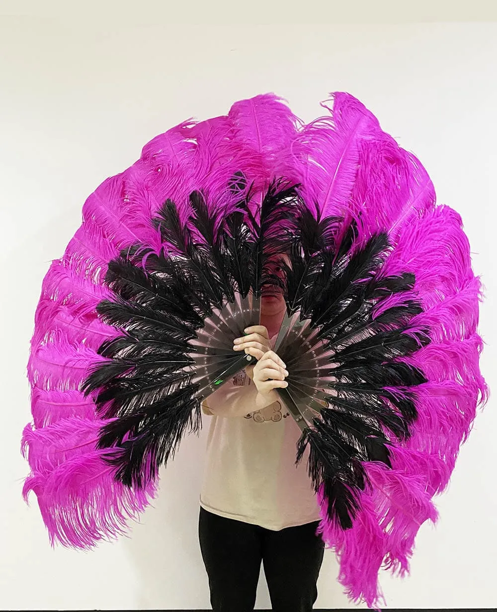 Mix black & hot pink 2 Layers Ostrich Feather Fan 30''x 54'' with Travel leather Bag