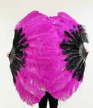 Mix black & hot pink 2 Layers Ostrich Feather Fan 30''x 54'' with Travel leather Bag