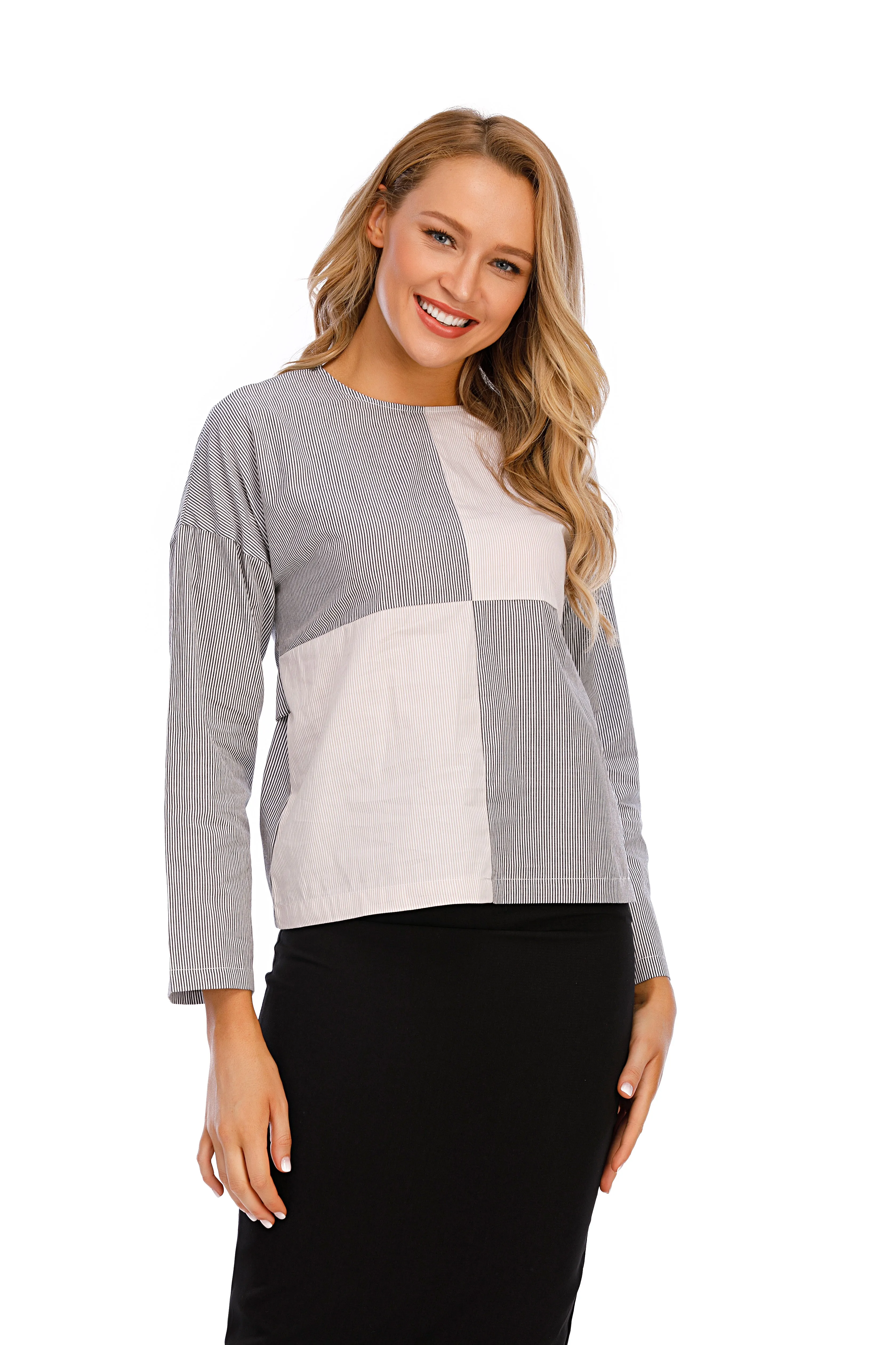 Mixed Stripe Long Sleeve Self Belt Cotton Top