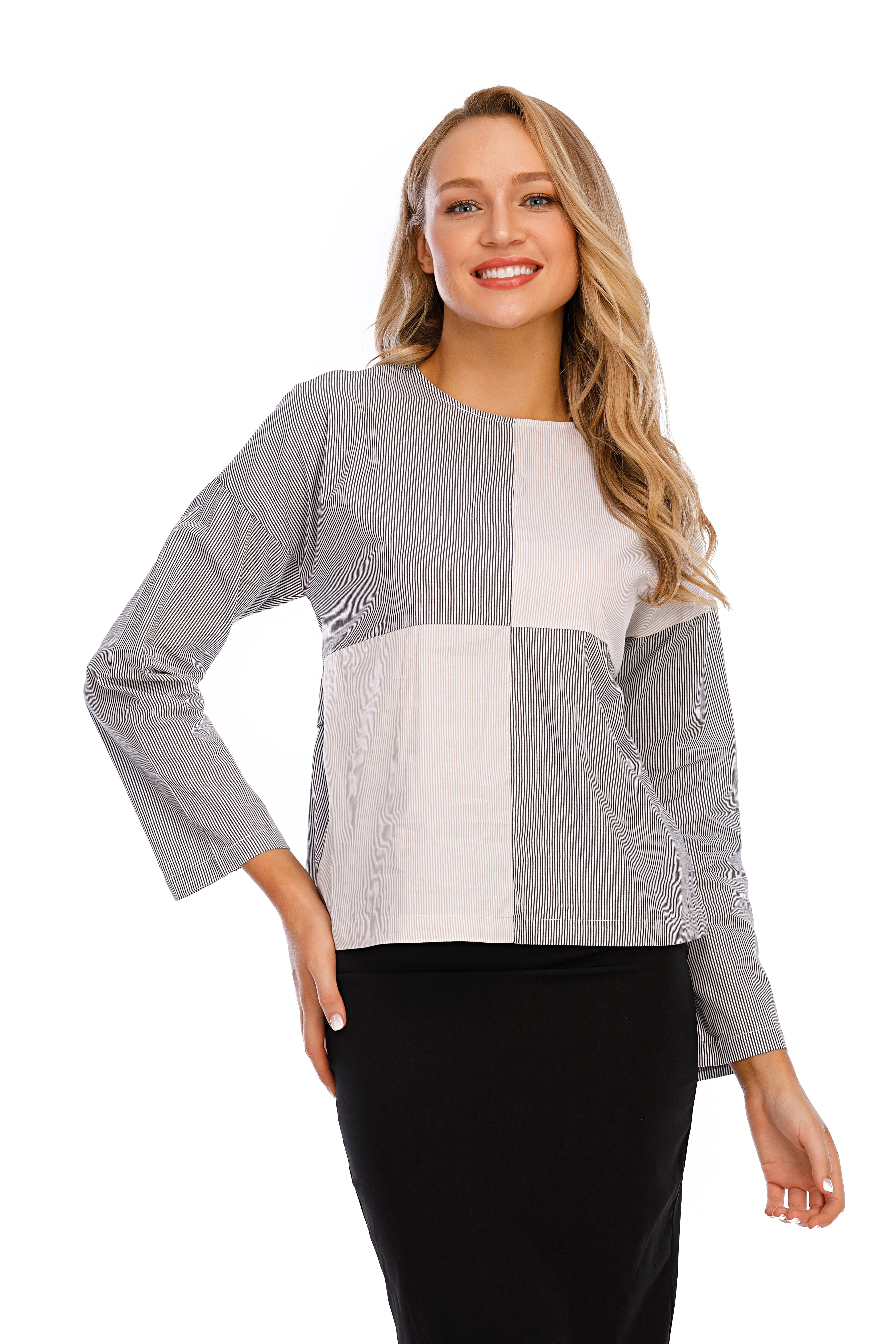 Mixed Stripe Long Sleeve Self Belt Cotton Top