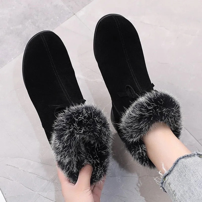 Natural Fur Genuine Leather Comfortable Med Heels Ankle Winter Boots