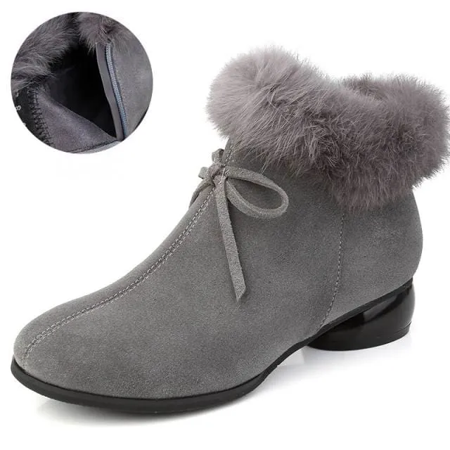 Natural Fur Genuine Leather Comfortable Med Heels Ankle Winter Boots