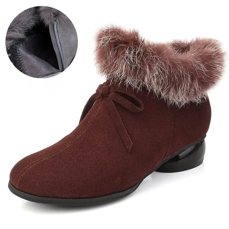 Natural Fur Genuine Leather Comfortable Med Heels Ankle Winter Boots