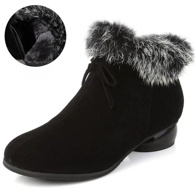 Natural Fur Genuine Leather Comfortable Med Heels Ankle Winter Boots