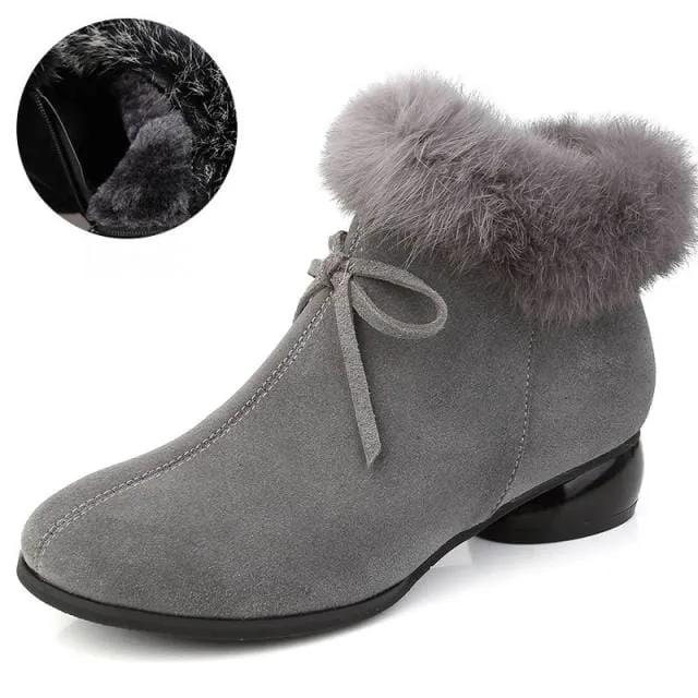 Natural Fur Genuine Leather Comfortable Med Heels Ankle Winter Boots