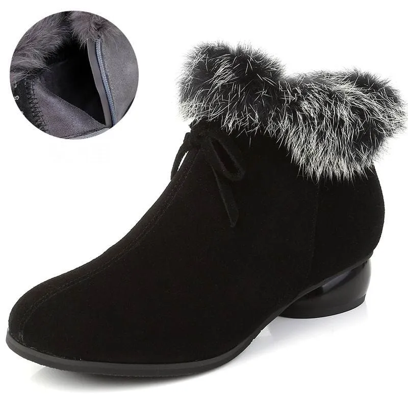 Natural Fur Genuine Leather Comfortable Med Heels Ankle Winter Boots