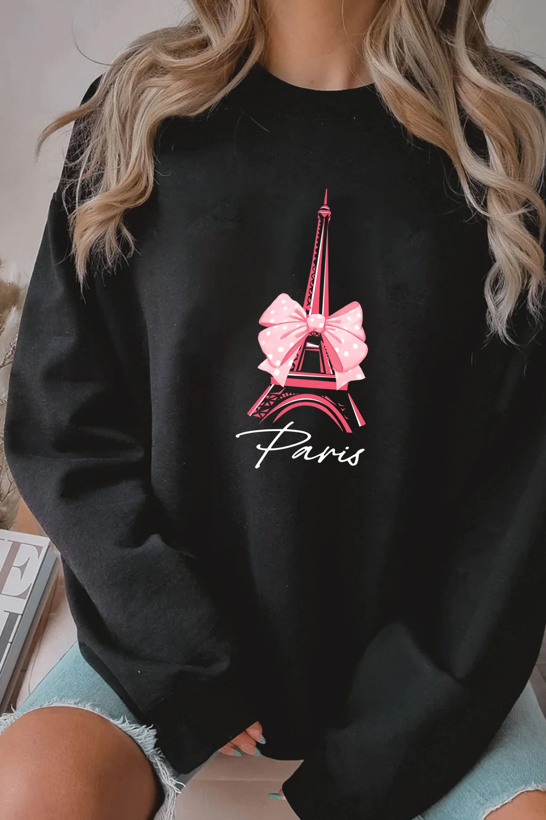 Paris Pink Ribbon Graphic Brushed Sweatshirt