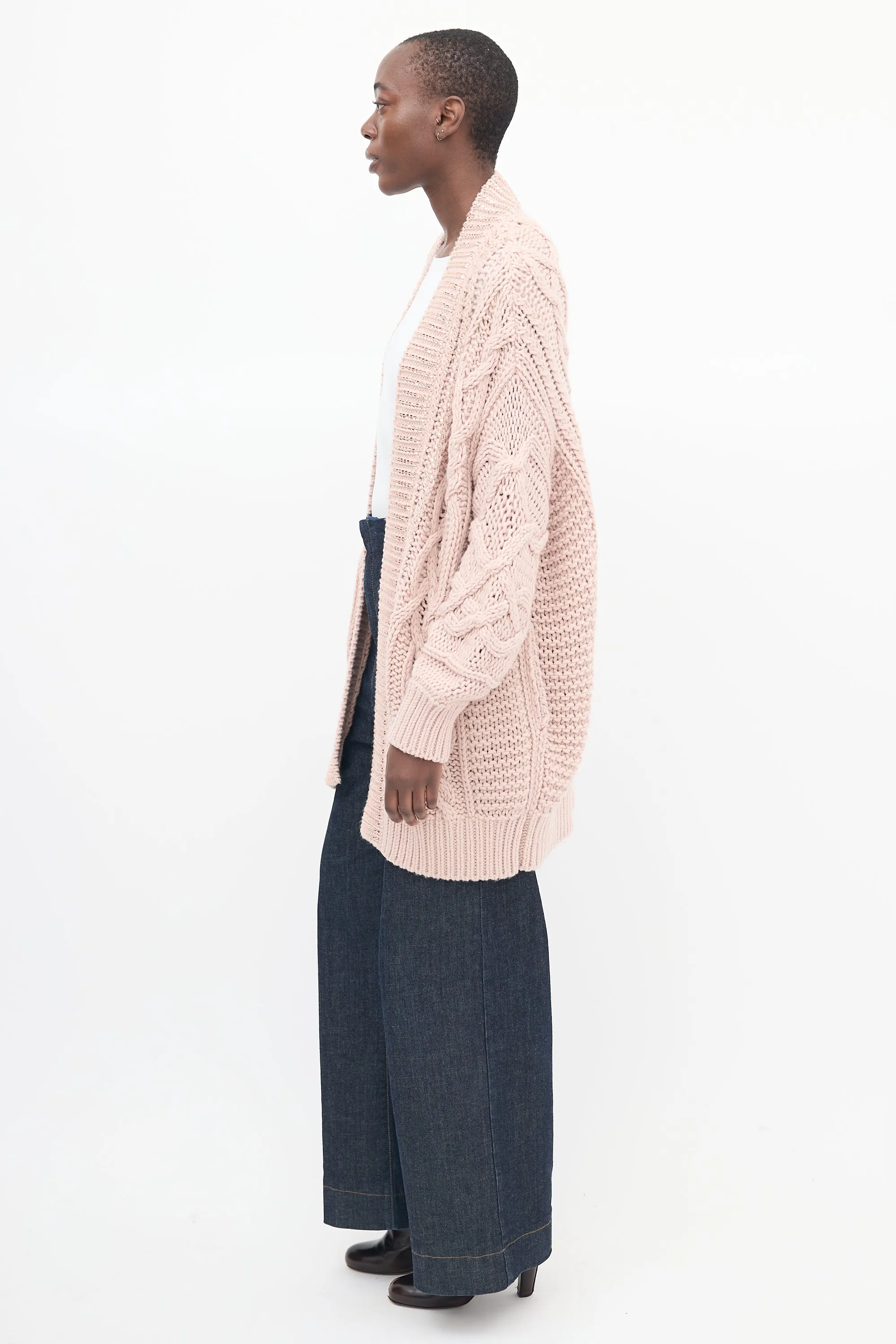 Pink Wool Embellished Oversized Cardigan