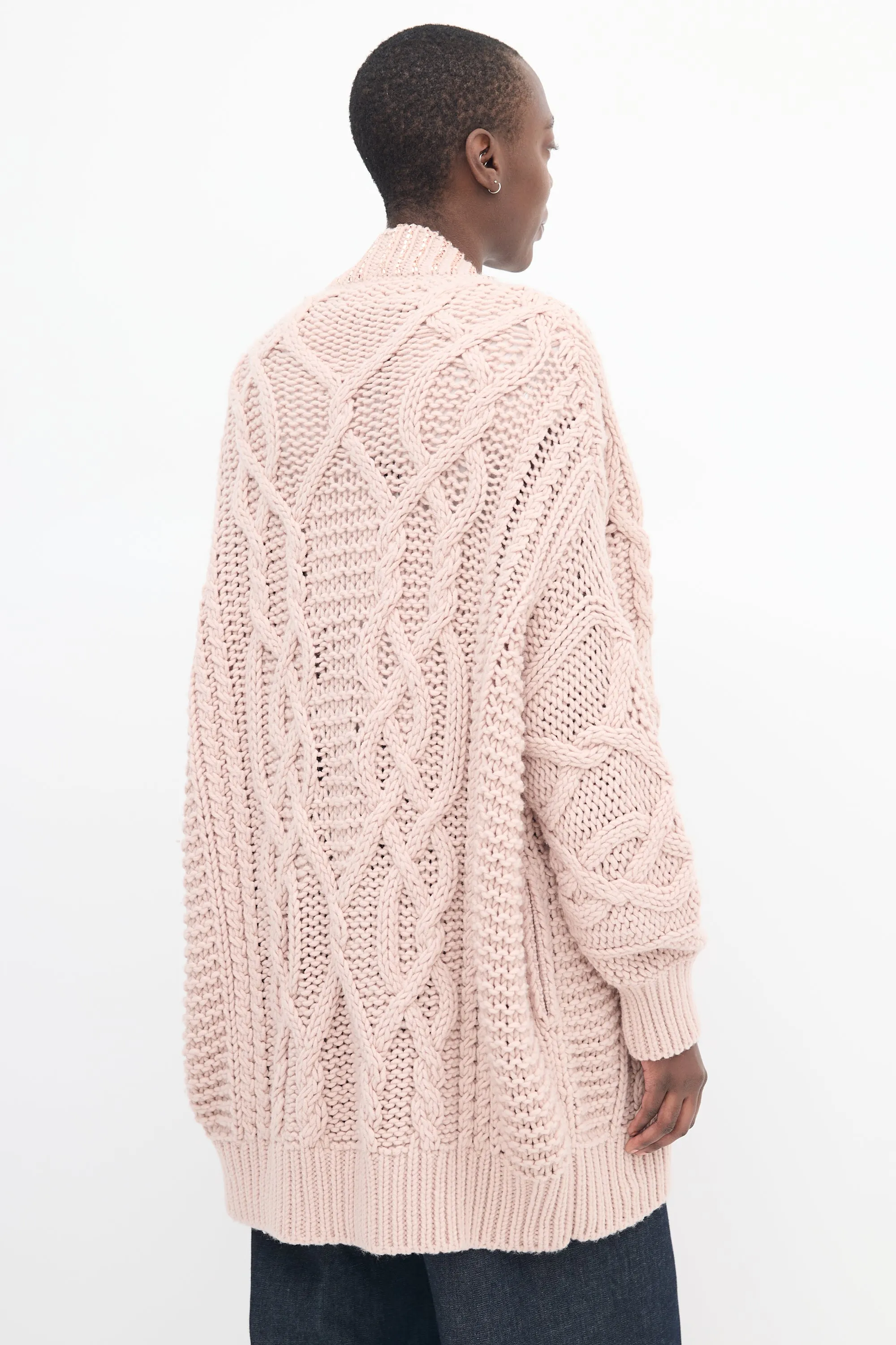 Pink Wool Embellished Oversized Cardigan