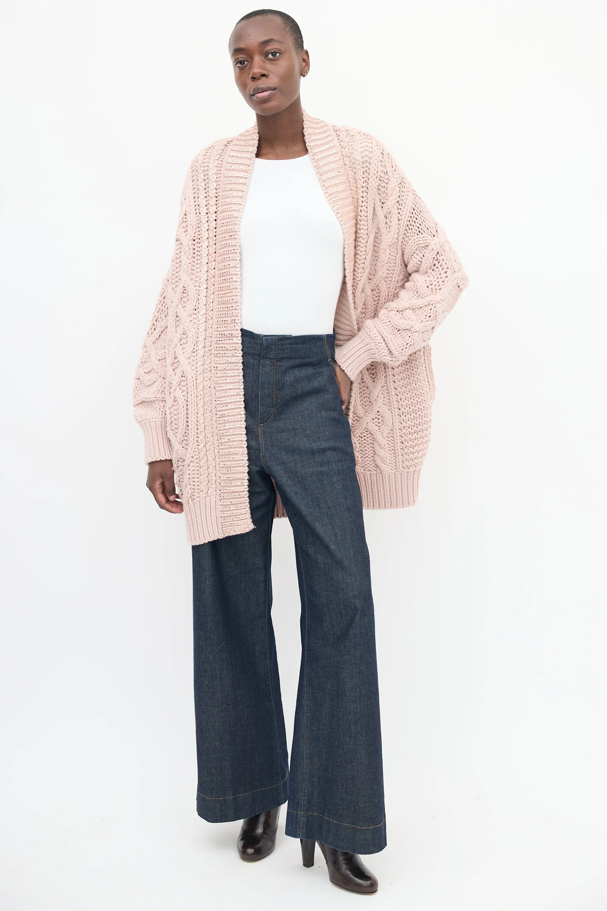 Pink Wool Embellished Oversized Cardigan