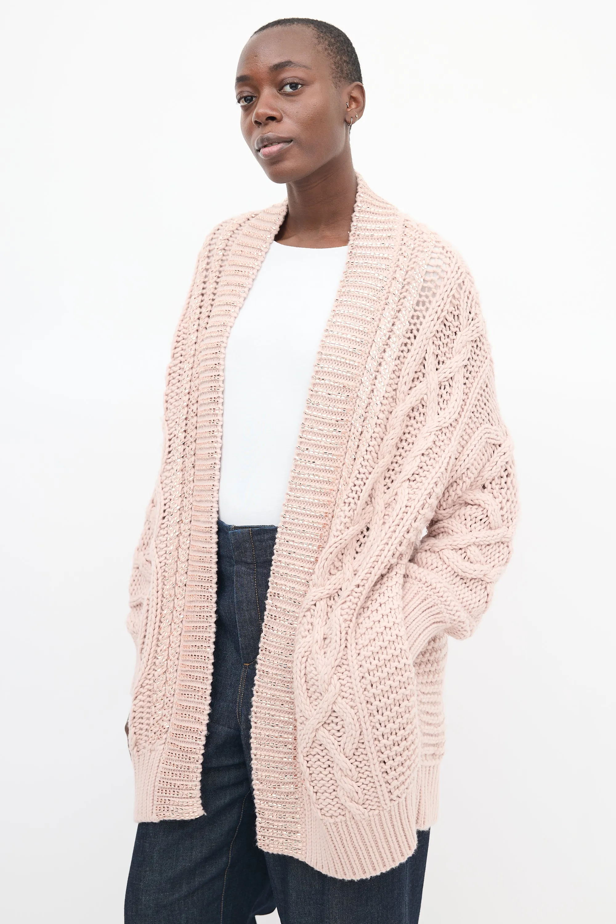 Pink Wool Embellished Oversized Cardigan