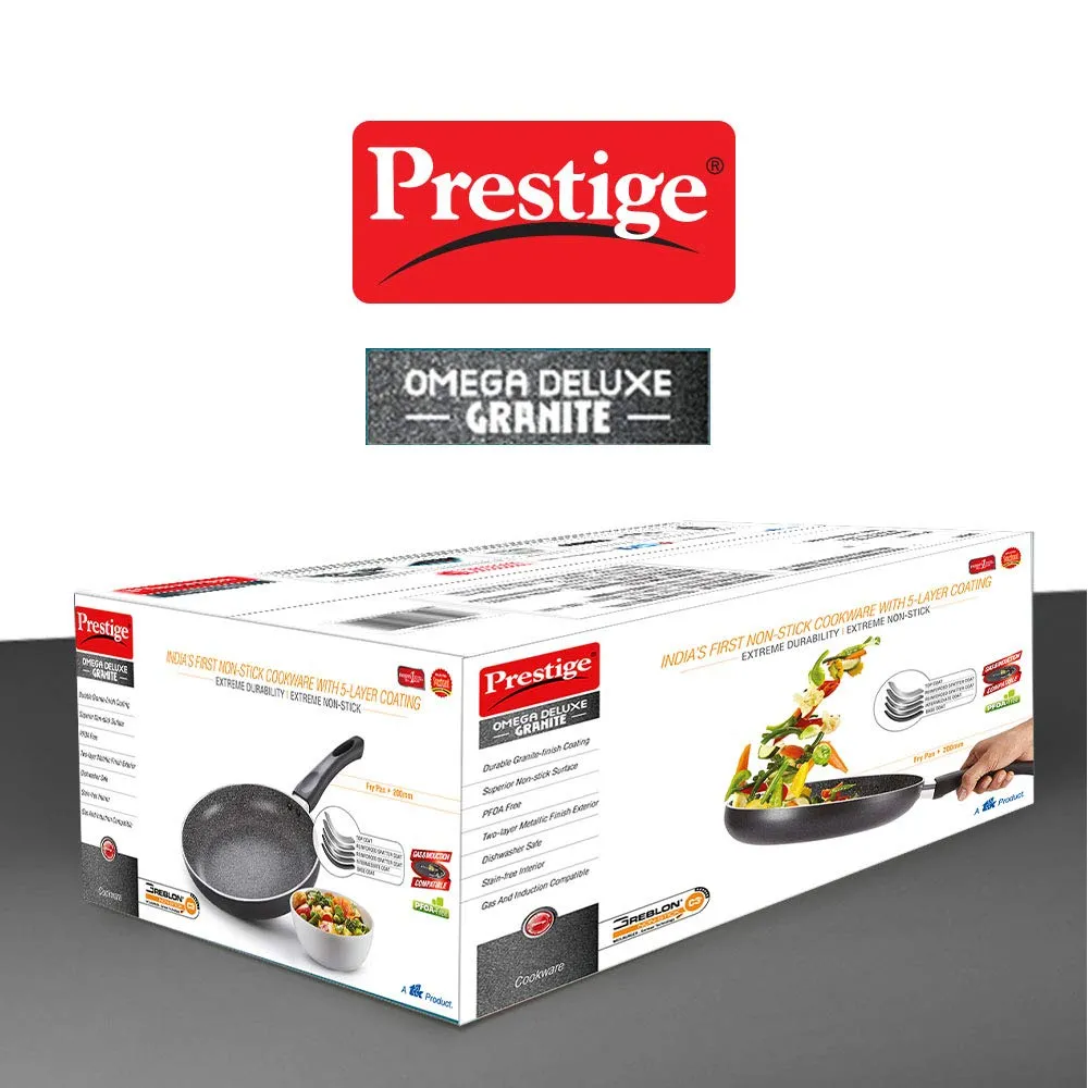 Prestige Non-Stick Omega Deluxe Granite Fry Pan (Omelette Pan)| 20 Centimetre | Black | Induction Base | 5 Layer Non-Stick Cookware | PFOA Free | Easy Grip Handle