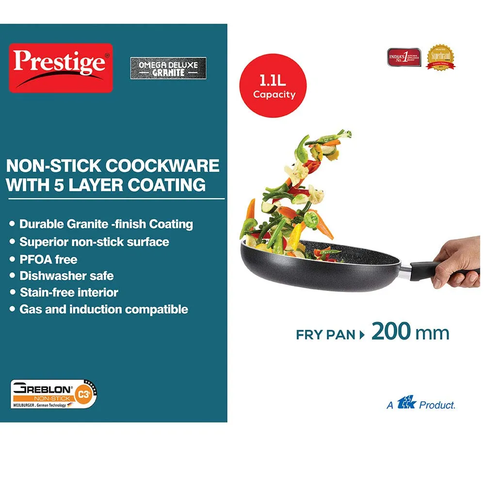 Prestige Non-Stick Omega Deluxe Granite Fry Pan (Omelette Pan)| 20 Centimetre | Black | Induction Base | 5 Layer Non-Stick Cookware | PFOA Free | Easy Grip Handle