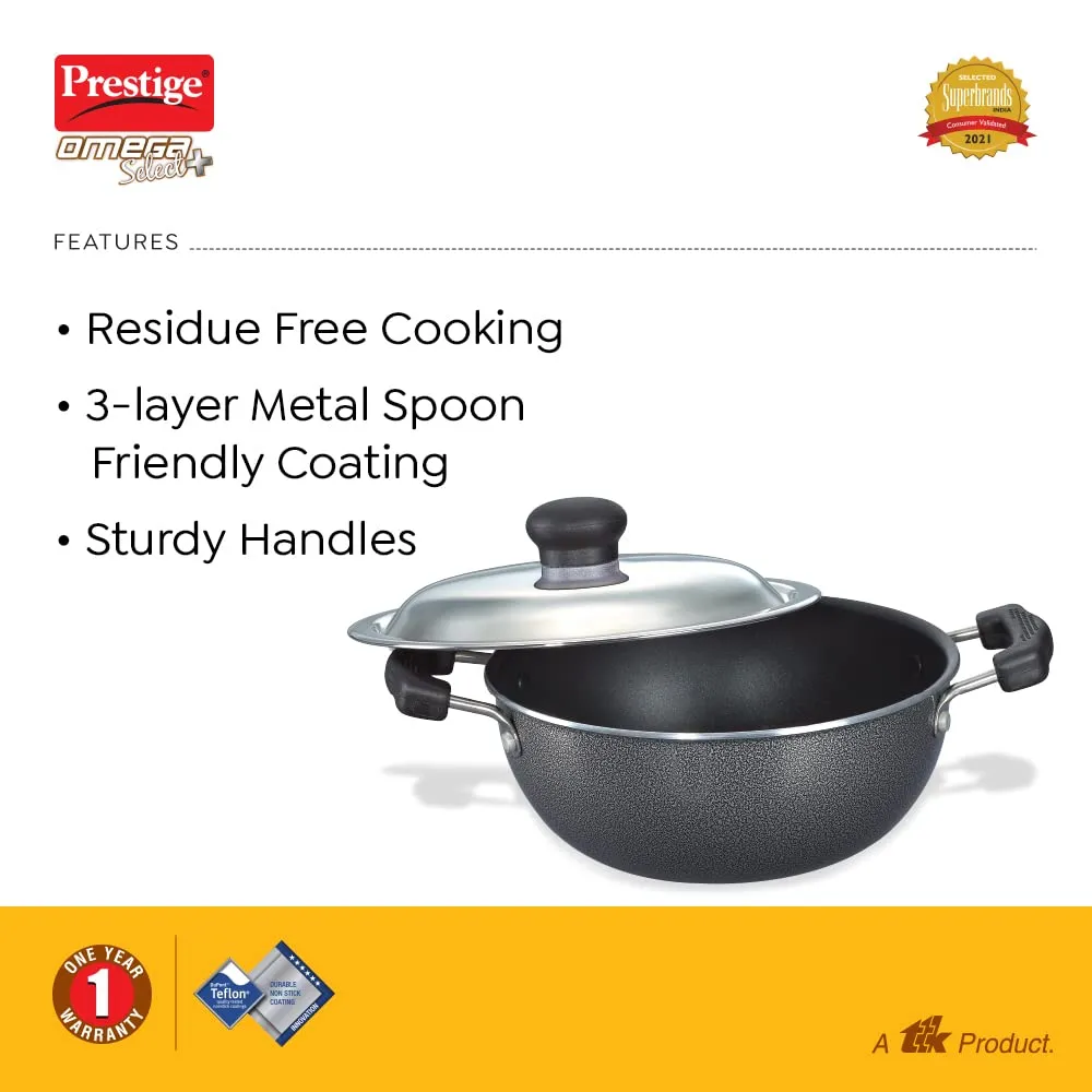 Prestige Omega Select Plus 20Cm- 2.2L Non-Stick Kadai with SS Lid |PFOA Free Teflon Non-Stick Coating | Scratch Resistant | Flat Base |Durable Handles |1 Year Warranty