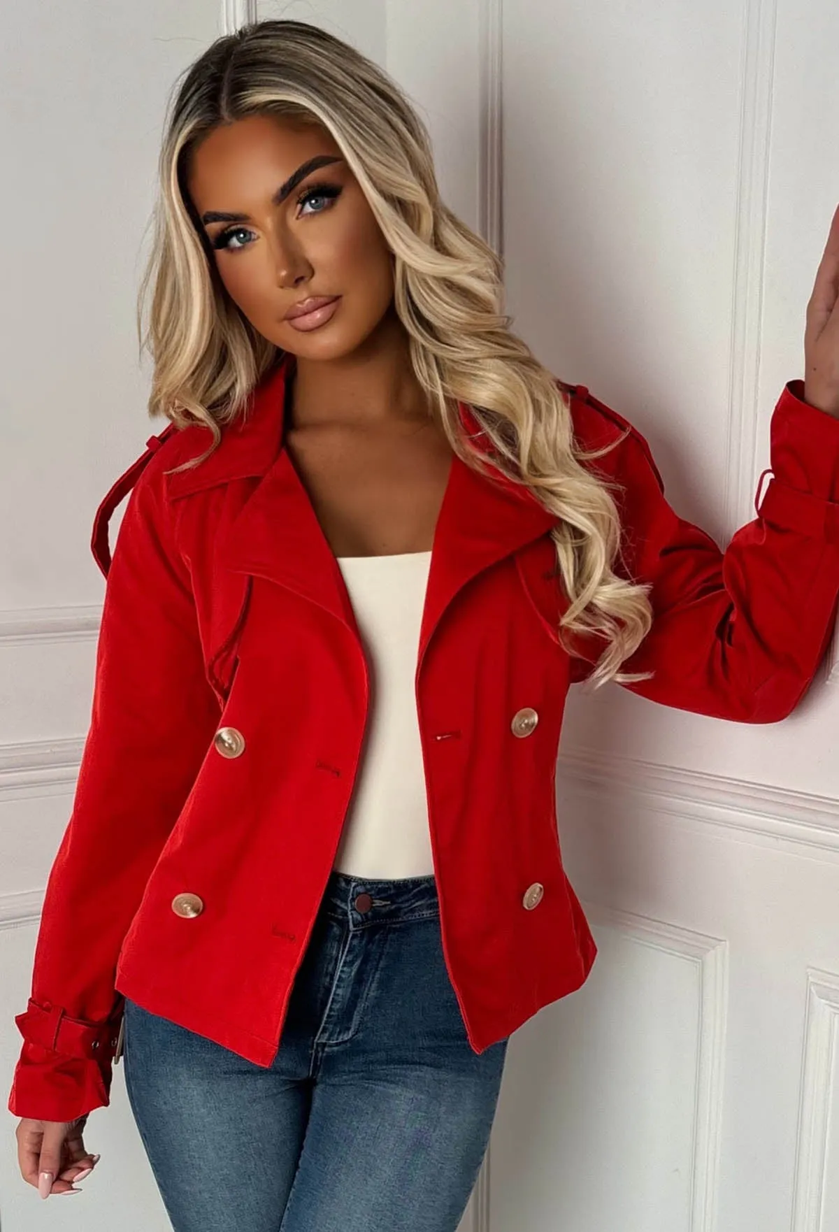 Private Society Red Belted Cropped Trench Coat