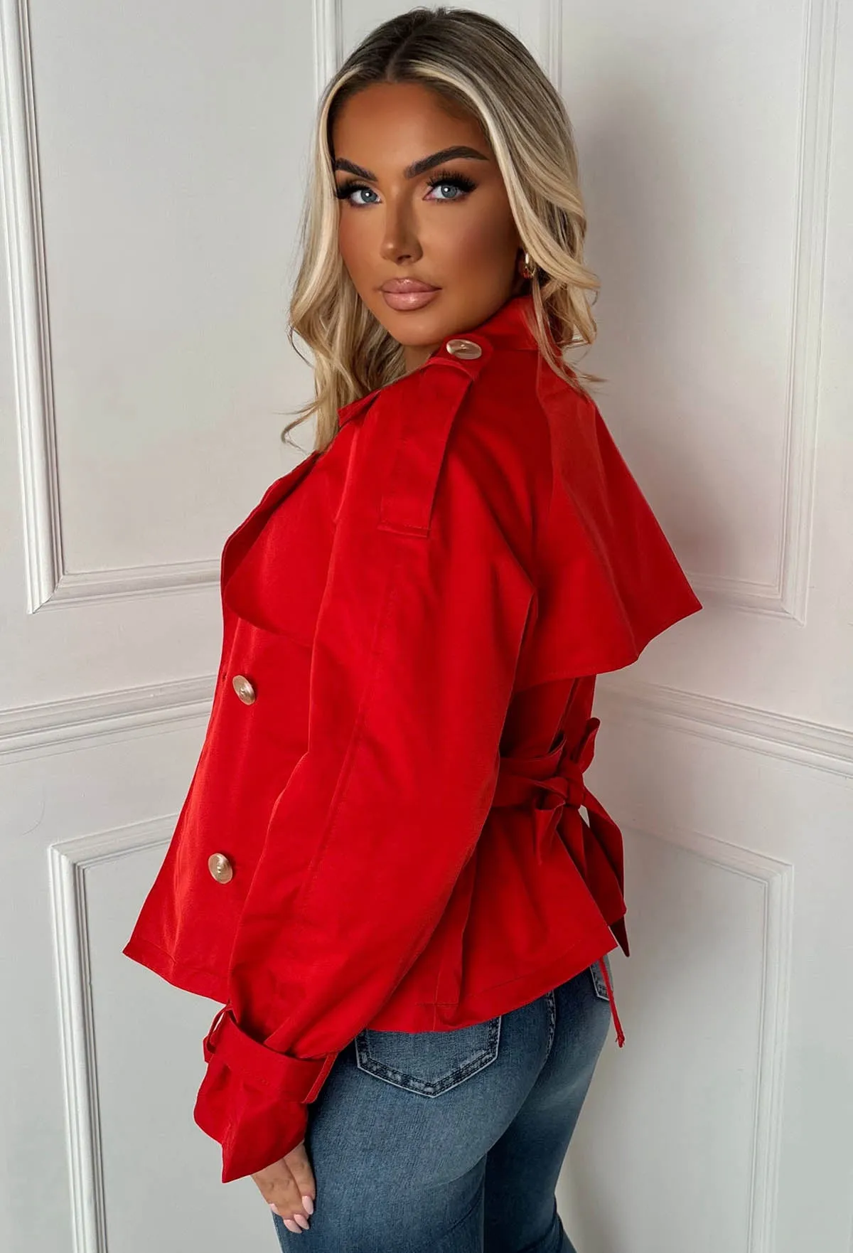 Private Society Red Belted Cropped Trench Coat