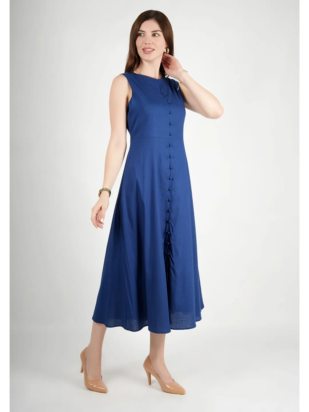 Royal Blue Rayon Glowing Front Button Dress