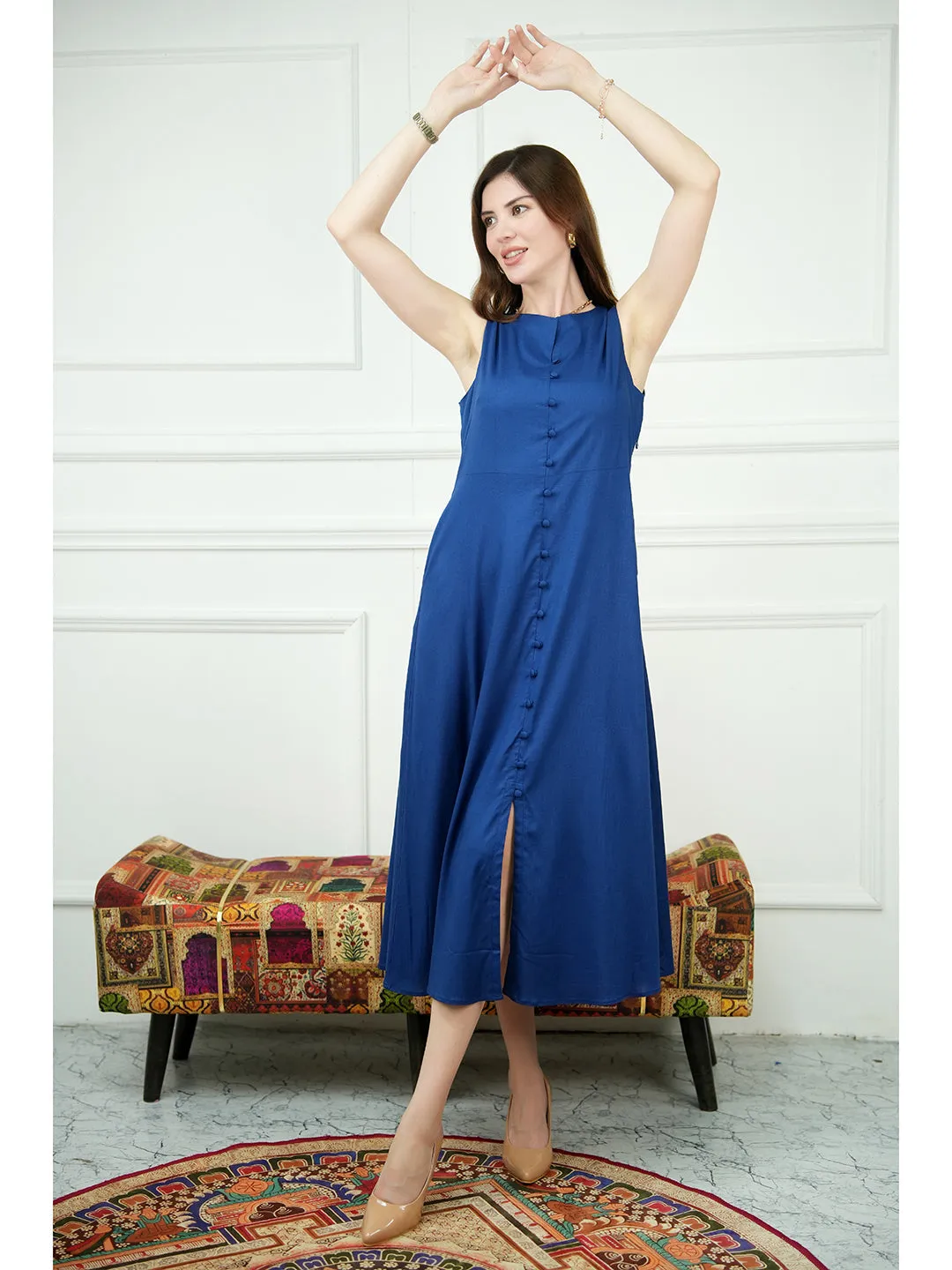 Royal Blue Rayon Glowing Front Button Dress