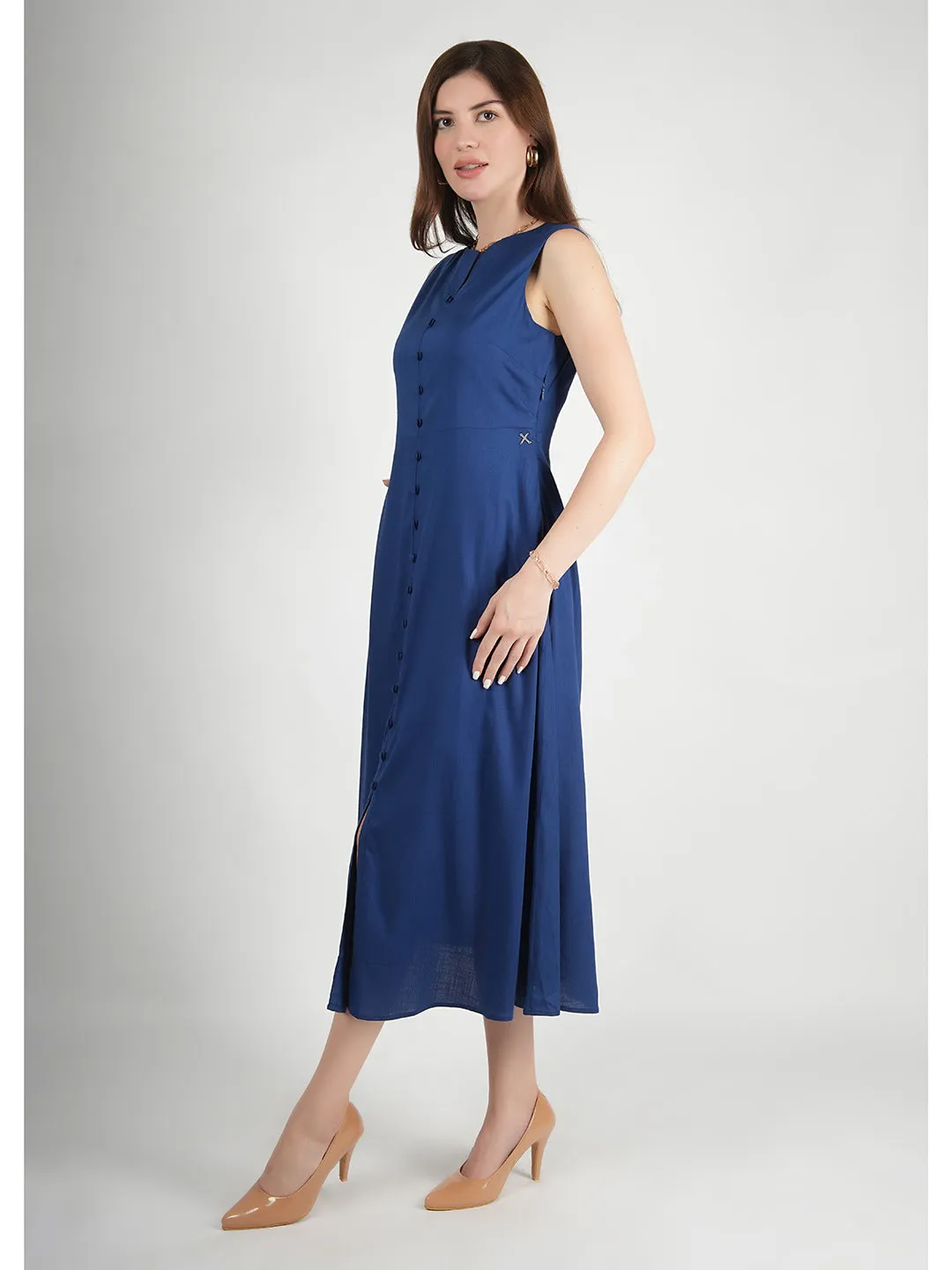 Royal Blue Rayon Glowing Front Button Dress