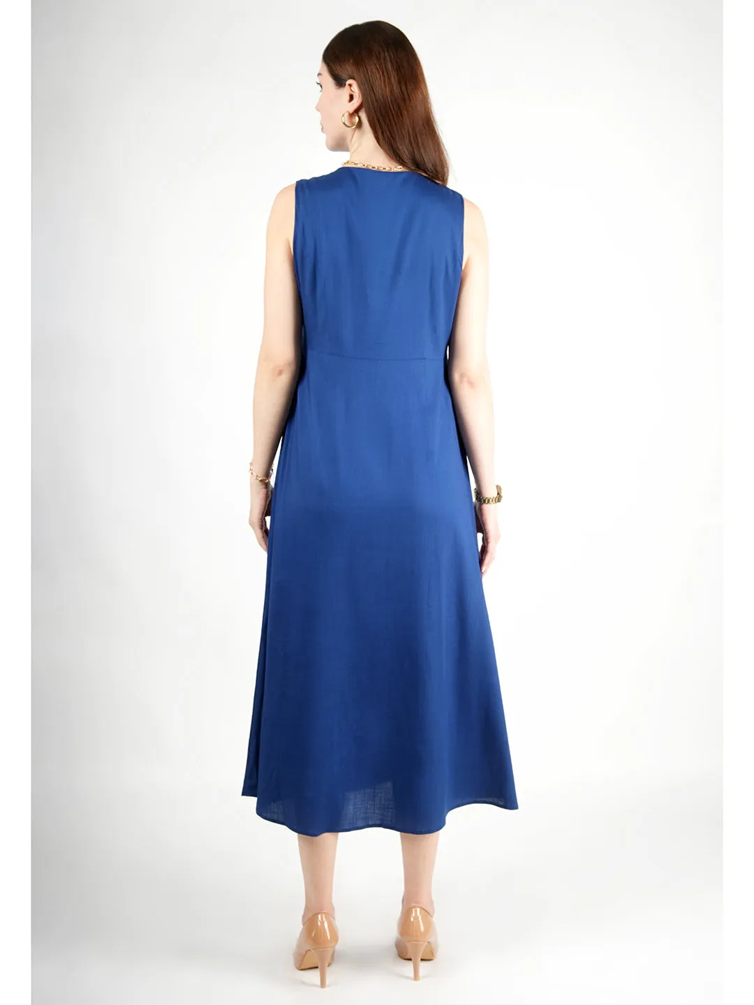 Royal Blue Rayon Glowing Front Button Dress