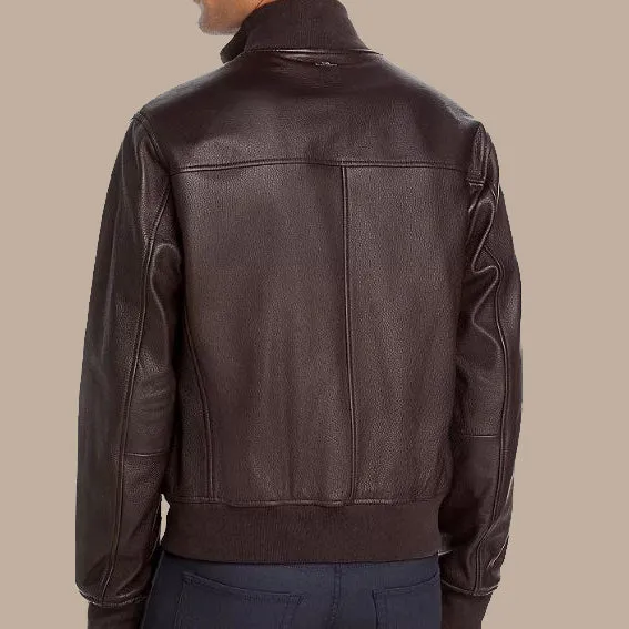 Seamless Brown Bomber Leather Jacket For Men