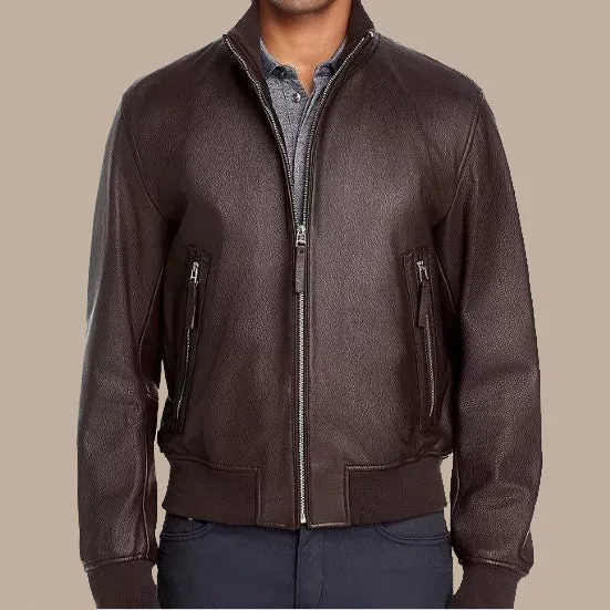 Seamless Brown Bomber Leather Jacket For Men