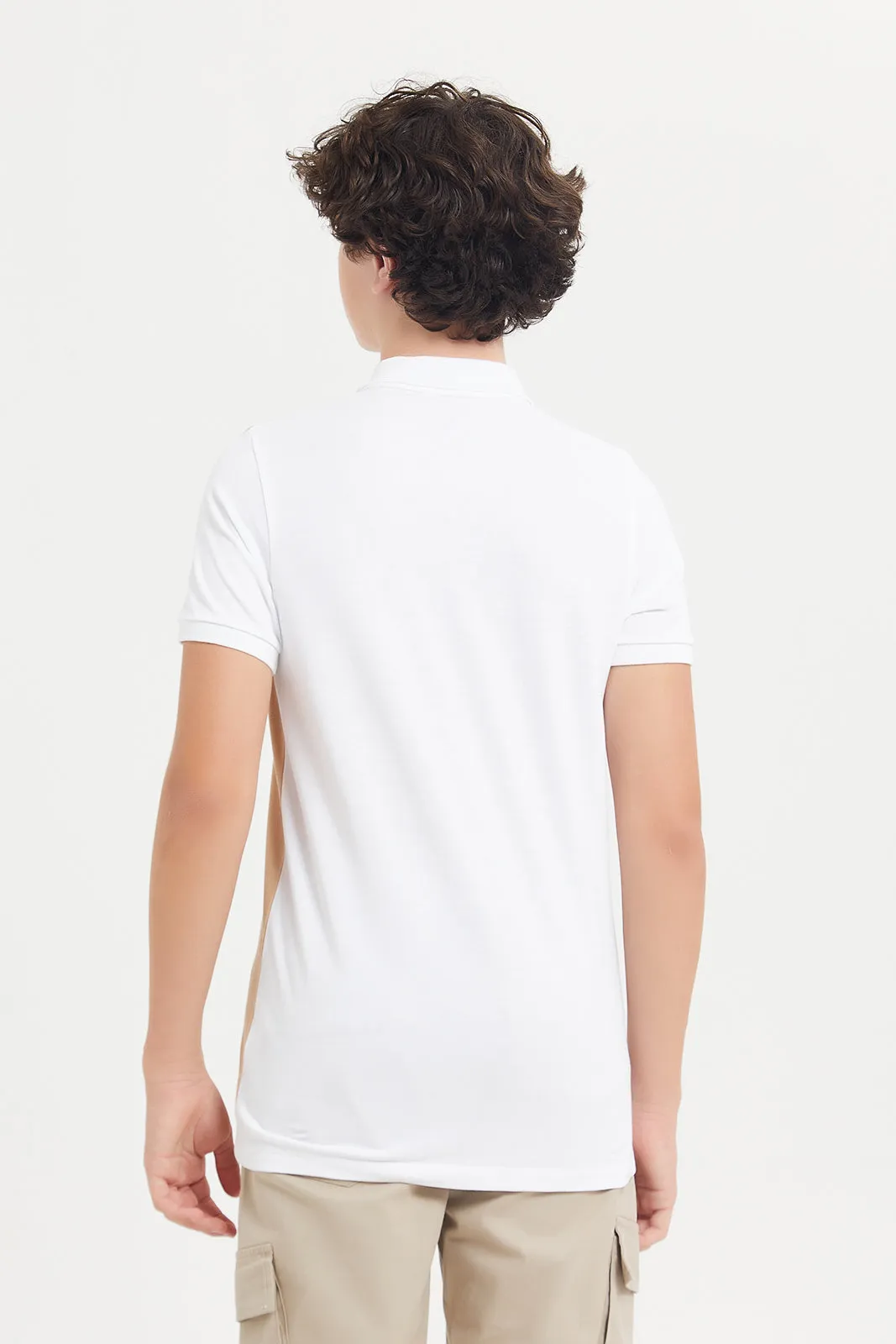 Senior Boys White Cut And Sew Polo With Zip Neck