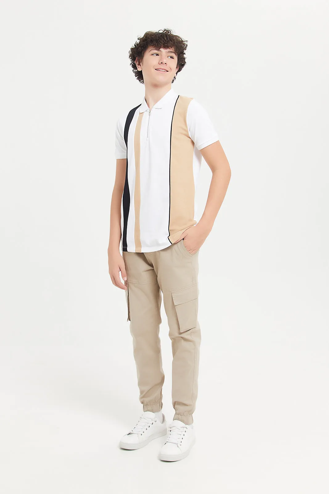 Senior Boys White Cut And Sew Polo With Zip Neck