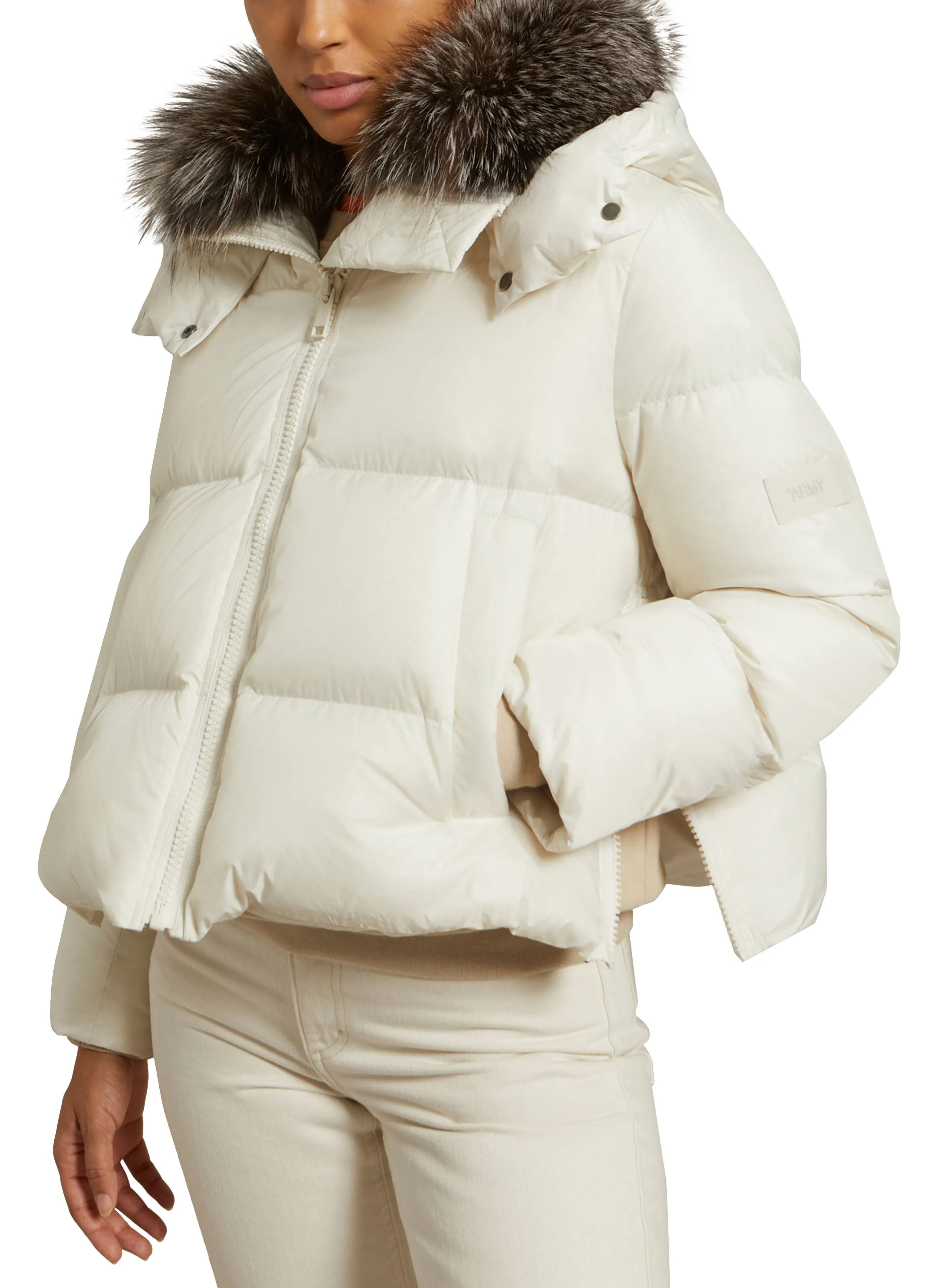 Short "A" line down jacket in water-repellent technical fabric with fox fur collar