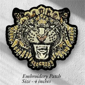 Tiger Face Embroidery With Sequence and Beads Work Patch