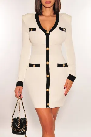 White Ribbed Two Toned Long Sleeve V Neck Gold Button Down Dress