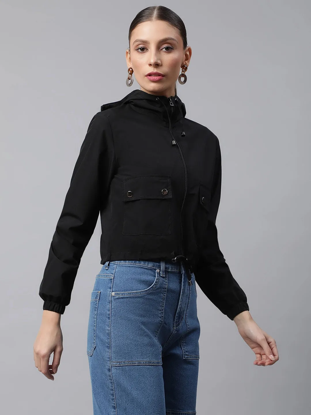 Women Black Street Style Hooded Cropped Jacket