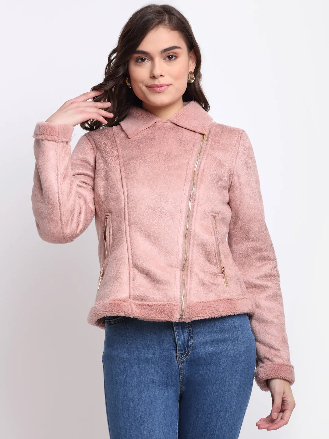 Women Pink Solid Full Sleeve Collared Neck Regular Jacket