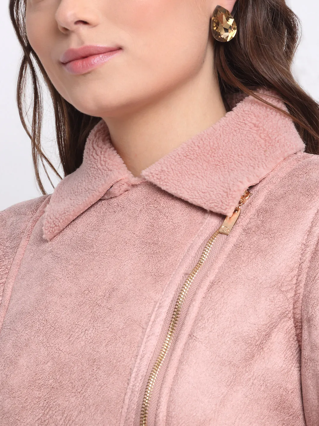 Women Pink Solid Full Sleeve Collared Neck Regular Jacket