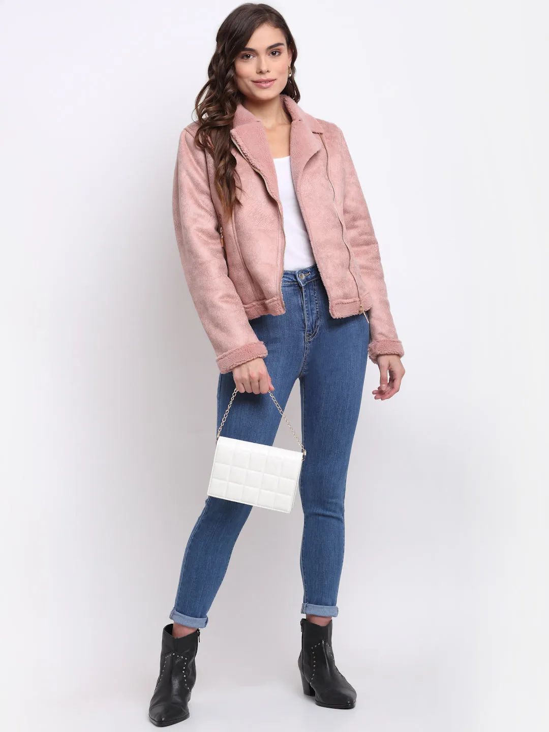 Women Pink Solid Full Sleeve Collared Neck Regular Jacket