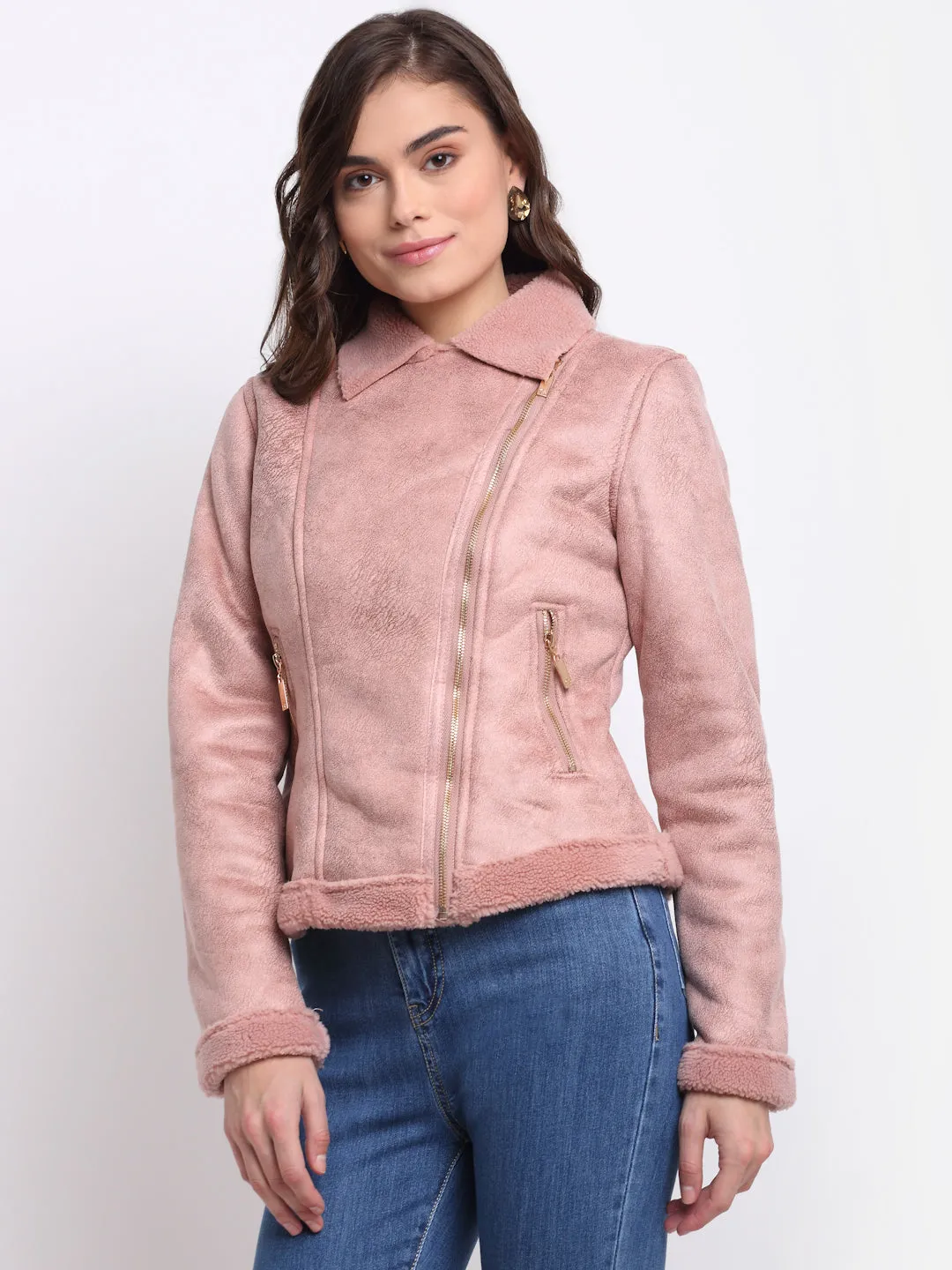 Women Pink Solid Full Sleeve Collared Neck Regular Jacket