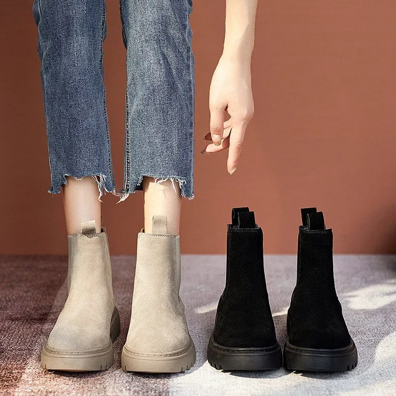 Women Winter Chelsea Boots Suede Leather Comfortable Ankle Shoes