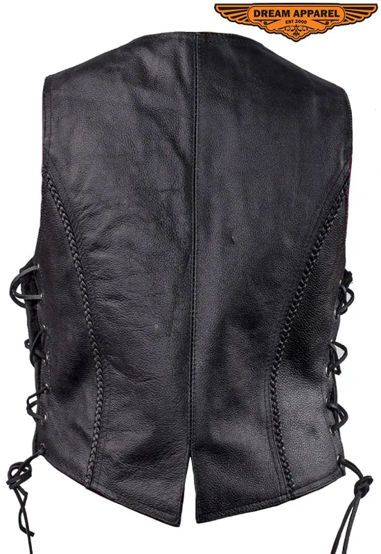 Womens Motorcycle Vest With Braid and Side Laces Conceal Gun Pockets